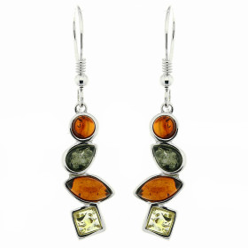 Boucles d'oreilles Ambre Multicolore et Argent 925. Boucles d'oreilles pendantes en Argent 925 et Ambre multicolore (coule...