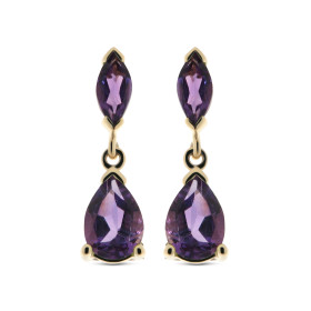 Boucles d'oreilles pendantes Améthyste en Or Jaune 375. Les Améthystes sont taillées en marquise de 6x3mm et en poire de 7...