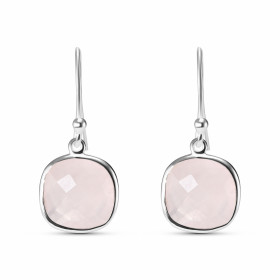 Boucles d'oreilles en Argent 925 et Quartz Rose. Ces boucles d'oreilles pendantes sont serties de pierres taillées en cous...