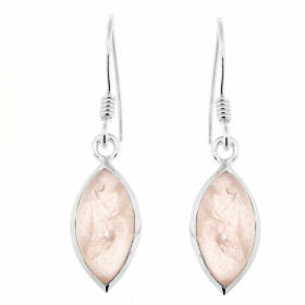 Boucles d'oreilles Pendantes en Argent 925 et Quartz Rose. Pierres taille navette de 14x7mm. Longueur: 35mm