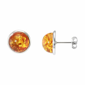 Boucles d'oreilles Argent  Ambre Demi Pierres rondes 10mm