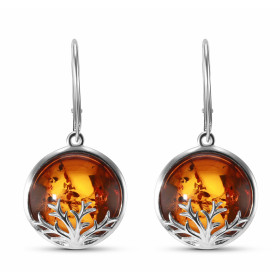 Boucles d'oreilles Argent Arbre de Vie et Ambre. Ambre rond de 16mm. Ambre de couleur cognac. Dimensions d'une boucle : 37...