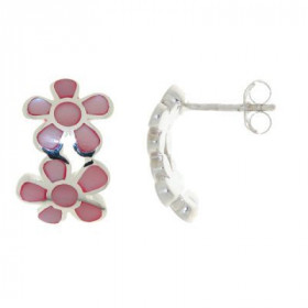 Boucles d'oreilles en Argent 925 et Nacre rose. Motif ondulé composé de deux fleurs de 9x9mm. 