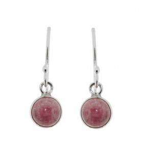 Boucles d'oreilles Pendantes en Argent et Rhodonite. Ces boucles d'oreilles sont serties de pierres rondes taillées en cab...