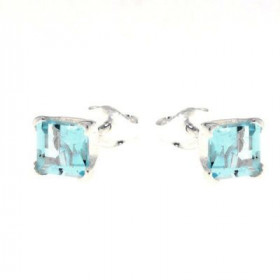  Boucles d oreilles Argent 925 Topaze Bleue serties pierres carr&eacute;es 6mm cot&eacute; 