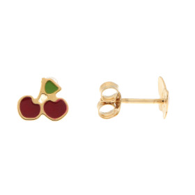 Boucles d&#39;oreilles enfant en Or jaune 375/1000 et motif cerise émaillé. Dimensions d&#39;une cerise : 7x7mm. Fermeture...