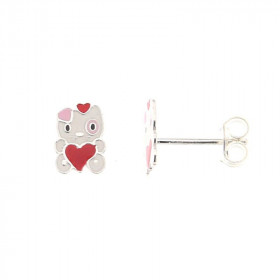 Boucles d oreilles chat coeur Argent 925 Motif émaillé 8x6mm Fermeture par poussettes belges