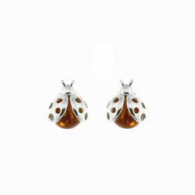 Boucles d&#39;oreilles Coccinelles Ambre et Argent 925. Boucles d&#39;oreilles en Argent 925 et Ambre couleur cognac. Ambr...