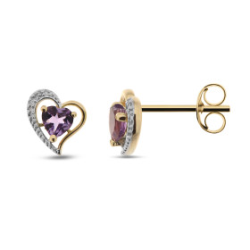 Boucles d'oreilles Coeur Améthystes et Diamant en Or 375 2tons. Ces Améthystes sont taillées en Coeur et mesurent 4x4mm. D...