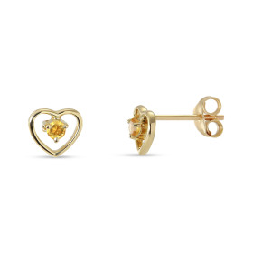 Boucles d'oreilles Coeur Or jaune 375 et Citrine. Boucles d'oreilles en Or jaune 375 (9 carats). Motif coeur de 7x7mm. Pie...