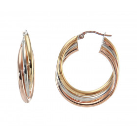  Créoles 3 ors 375 composées 3 anneaux 24mm diamètre Système d attache : charnière Dimensions : 25x30mm Largeur : 6mm 