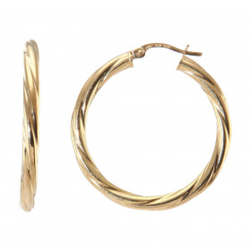 Créoles rondes torsadées or jaune 375 Système d attache : charnière Diamètre : 30mm Largeur : 2,9mm