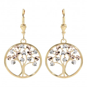 Boucles d oreilles dormeuses Arbre vie 3 ors 375 Arbre vie dans un cercle 19mm diamètre Effet ciselé sur les feuilles Dime...