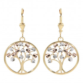 Boucles d'oreilles dormeuses Arbre de vie 3 ors 375. Arbre de vie dans un cercle de 19mm de diamètre. Effet ciselé sur les...