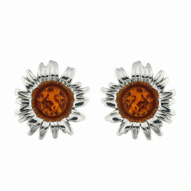 Boucles d oreilles Fleurs Ambre Argent 925 Puces d oreilles Argent 925 Ambre couleur cognac Ambres taillées demi sphères 6...