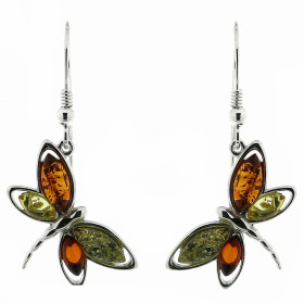 Boucles d'oreilles Libellules Ambre Multicolore et Argent 925. Boucles d'oreilles pendantes en Argent 925 et Ambre multico...