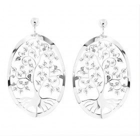 Boucles d&#39;oreilles martelées ovales en argent rhodié motif arbre de vie. Dimension motif : 26x38 mm. Longueur totale :...