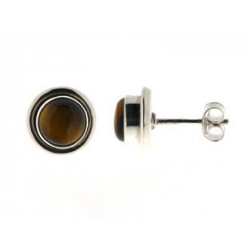 Boucles d oreilles style puces d oreilles serties pierres rondes Les pierres varieté Oeil tigre sont taillées cabochons Le...