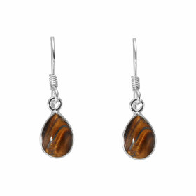 Boucles d'oreilles pendantes serties de pierres en forme de poire. Les pierres de varieté Oeil de tigre sont taillées en c...