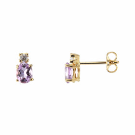 Petites boucles d'oreilles en Or Jaune 750/1000 sertie d'am&eacute;thystes (5x4mm) et d'oxydes de zirconium (2mm)