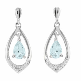 Boucles d'oreilles Or blanc 375 Aigue Marine poire 6x4mm et diamant. Boucles d'oreilles pendantes en or blanc 375 (9 carat...