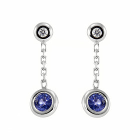 Boucles d'oreilles pendantes en Or Blanc 750 serties de 2 Saphirs de Ceylan ronds de 4,5mm (2x0,45 carat) et de deux diama...