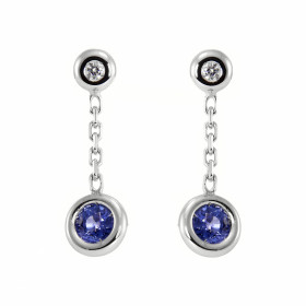  Boucles d oreilles pendantes Or Blanc 750 serties 2 Saphirs Ceylan ronds 4,5mm (2x0,45 carat) deux diamants 1,9mm (2x0,03...