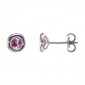 Boucles d'oreilles en Or blanc 750 serties de Saphirs roses ronds de 4,3mm (0,35 carat / pièce). Serti à copeaux sur montu...