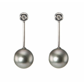 Boucles d&#39;oreilles Or Blanc Perle de Tahiti et Diamant. Diamètre des perles : 10 à 10.5mm. Longueur des boucles d&#39;...