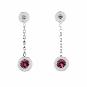 Boucles d&#39;oreilles pendantes en Or Blanc 750 serties de 2 Saphirs rose ronds de 4mm (2x0.52 carat) et de deux diamants...