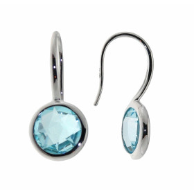 Boucles d'oreilles pendantes en Or blanc serties de topazes bleues rondes taille dome de 8mm de diamètre. Longueur : 21mm....