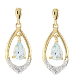 Boucles d'oreilles Or jaune 375 Aigue Marine poire 6x4mm et diamant. Boucles d'oreilles pendantes en or jaune 375 (9 carat...