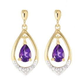 Boucles d oreilles Or jaune 375 Améthyste poire 6x4mm diamant Boucles d oreilles pendantes or jaune 375 (9 carats) Améthys...