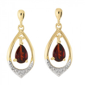 Boucles d oreilles Or jaune 375 Grenat poire 6x4mm diamant Boucles d oreilles pendantes or jaune 375 (9 carats) Grenats po...