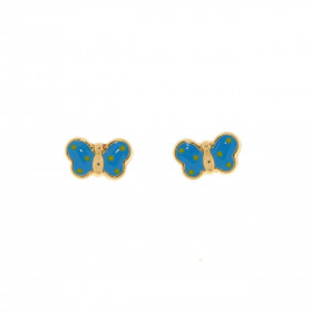 Boucles d&#39;oreilles motifs Papillions de couleur bleu en Or Jaune 375/1000. Ces boucles d&#39;oreilles sont émaillées a...