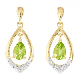 Boucles d'oreilles Or jaune 375 Péridot poire 6x4mm et diamant