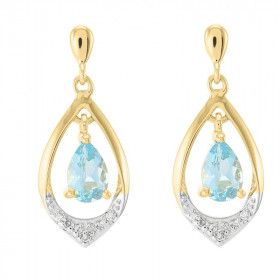 Boucles d'oreilles Or jaune 375 Topaze Bleue poire 6x4mm et diamant