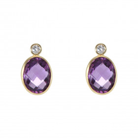 Puces d oreilles Or Jaune 750 Améthyste Ovale Oxydes zirconium Chaque boucle est sertie d une pierre ovale 9x7mm d un oxyd...