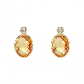 Boucles d'oreilles Or Jaune 750 Citrine Ovale et Oxydes de zirconium. Chaque boucle est sertie d'une pierre ovale de 9x7mm...