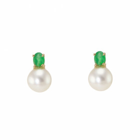  Boucles d oreilles Or jaune 750/1000 serties d une Emeraude 4x3mm d un Perle blanche 6mm diam&egrave;tre 
