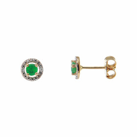 Boucles d oreilles Or Jaune 750/1000 composées d une Emeraude 3x3mm entourée diamants Dimensions boucle : 6mm diamètre Sys...