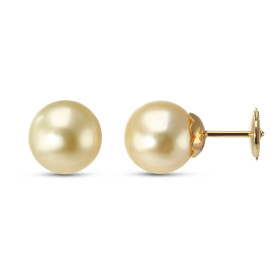 Boucles d oreilles Or jaune 750 Perle du Pacifique 9.5mm Perle Gold présentant très légères imperfections (Qualité AA) Dia...