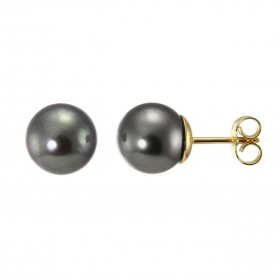Boucles d&#39;oreilles en Or jaune 750 et perles de Tahiti. Diamètre des perles : 8.5mm. Qualité des perles : A. Système d...