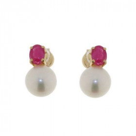 Boucles d oreilles Or jaune 750/1000 serties d un Rubis 4x3mm d un Perle blanche 6mm diamètre 