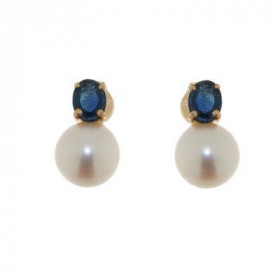  Boucles d oreilles Or jaune 750/1000 serties d un Saphir 4x3mm d un Perle blanche 6mm diam&egrave;tre 