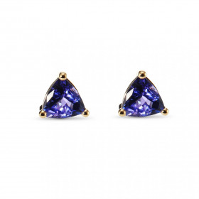 Boucles d&#39;oreilles Or Jaune 750 Tanzanite Trillion 6.5mm. Pierres taille trillion de 6.5mm de coté. Serti à griffes. S...