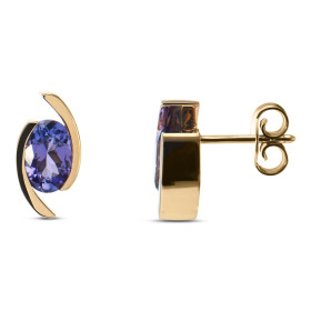 Boucles d’oreilles Or Jaune 750 serti tanzanites ovales Pierres ovales 7x5mm (2x0,8 carat) serties demi-clos Dimensions d ...
