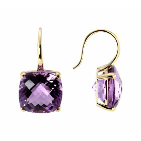 Boucles d oreilles pendantes Or jaune serties d améthystes taille coussin 12x12mm Poids Pierres : 2x6,55ct Longueur : 24mm 