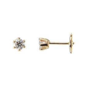 Boucles d&#39;oreilles Or Jaune 750 et Diamant. Diamants ronds de 3,8mm de diamètre. Serti à 6 griffes. Système de fermetu...