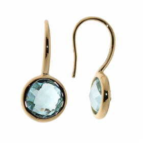 Boucles d'oreilles pendantes en Or jaune serties de Topazes bleues rondes taille dome de 8mm de diamètre. Longueur : 21mm....